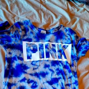 PINK Victoria's Secret Blue and White Short Sleeve Tee